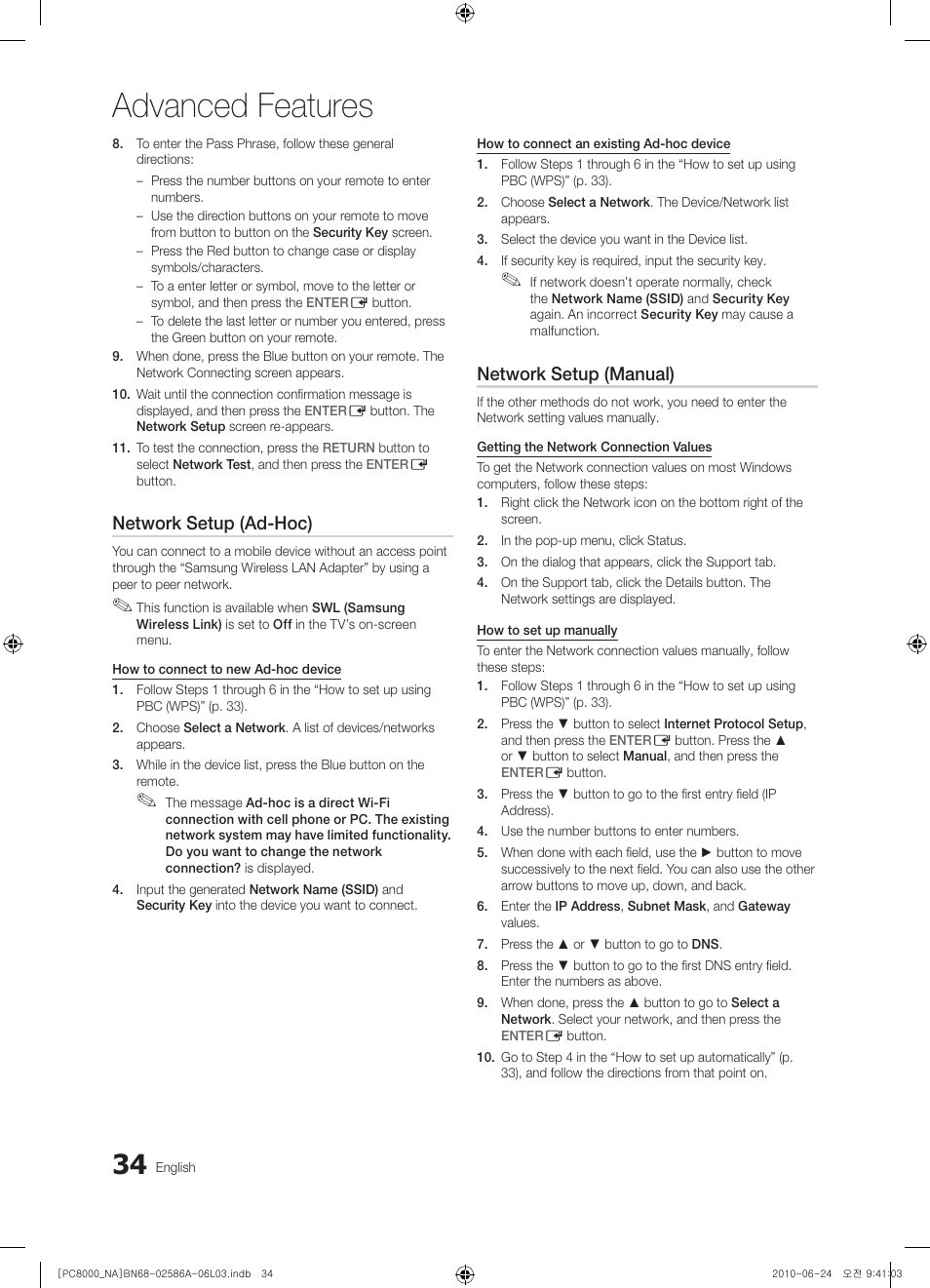 Advanced features, Network setup (ad-hoc), Network setup (manual) | Samsung PN63C8000YFXZA User Manual | Page 34 / 198