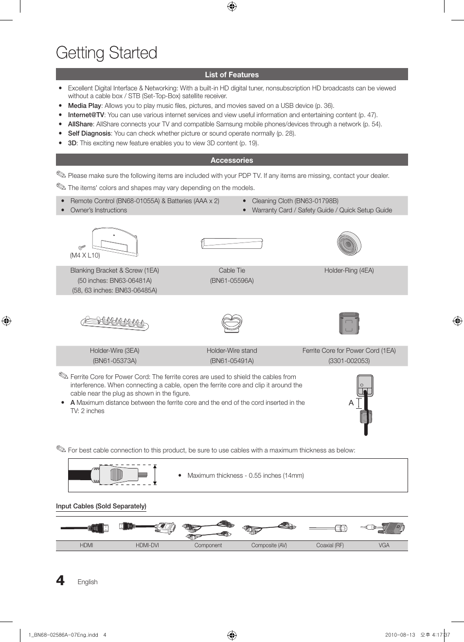 Getting started, List of features, Accessories | Samsung PN63C8000YFXZA User Manual | Page 4 / 198