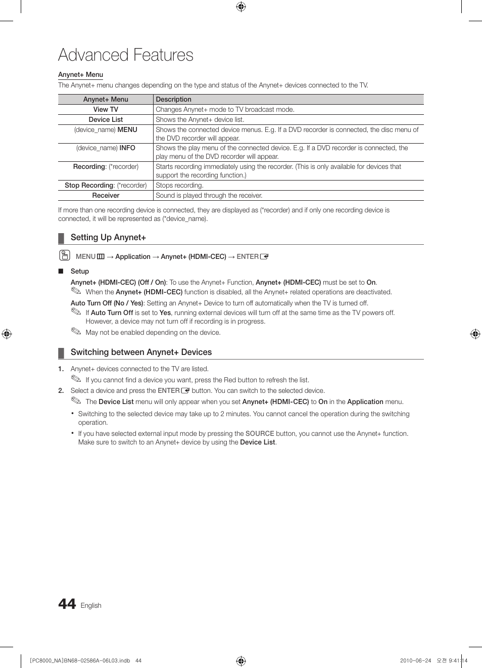 Advanced features | Samsung PN63C8000YFXZA User Manual | Page 44 / 198