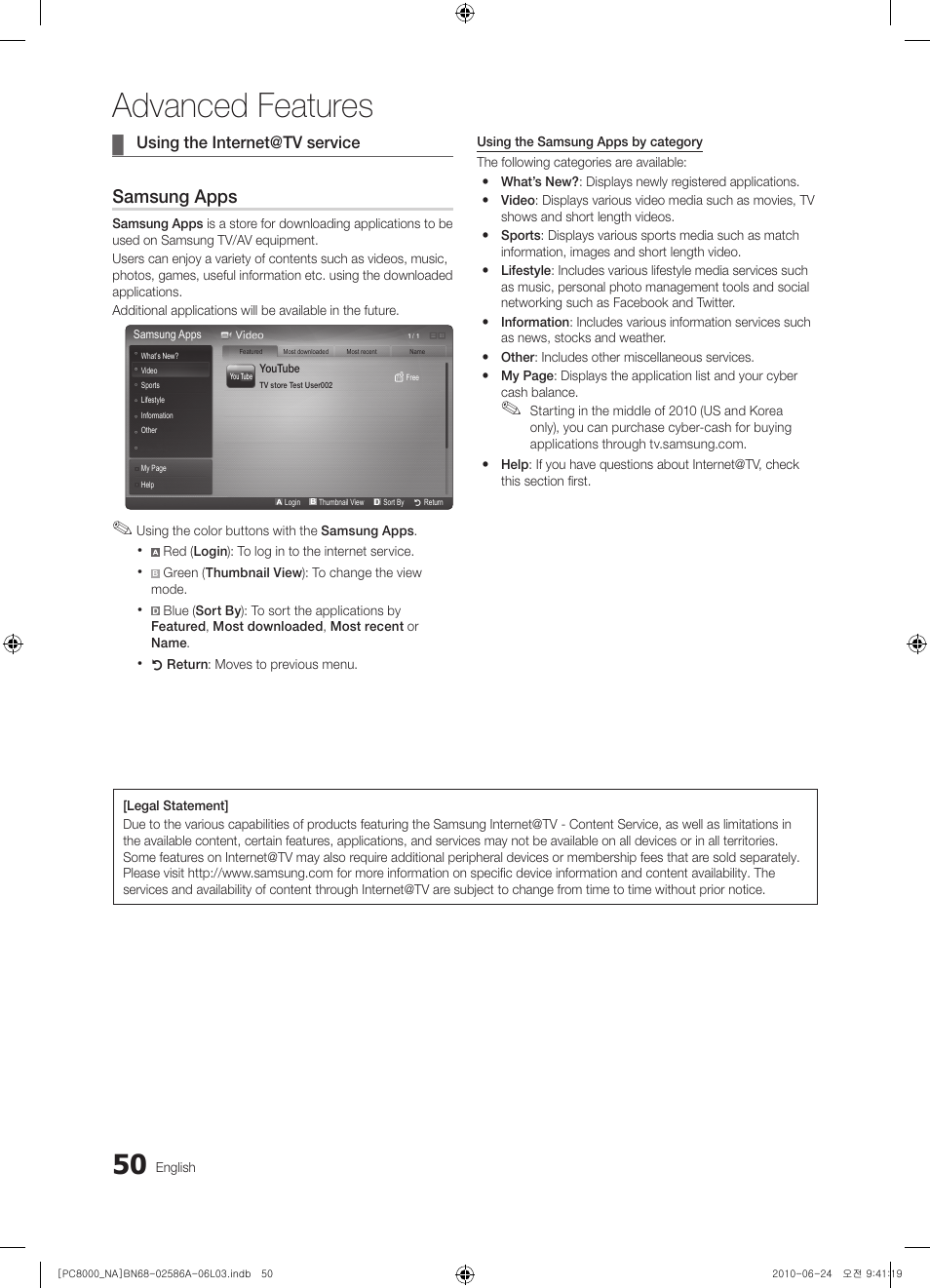 Advanced features, Samsung apps | Samsung PN63C8000YFXZA User Manual | Page 50 / 198