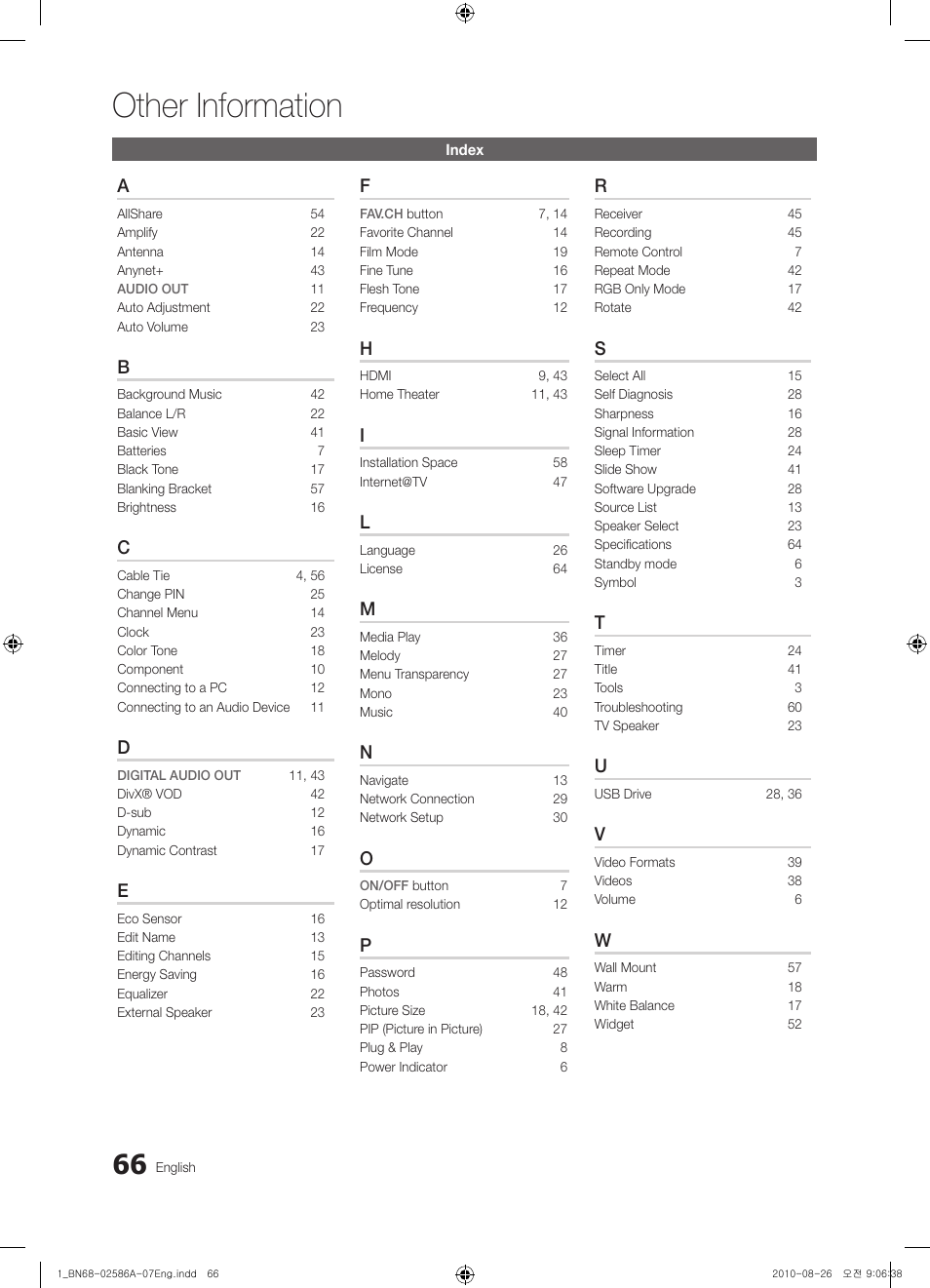 Index, Other information | Samsung PN63C8000YFXZA User Manual | Page 66 / 198