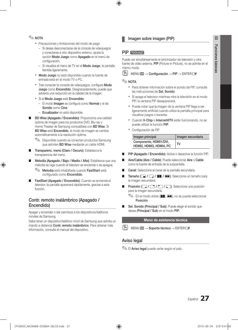 Contr. remoto inalámbrico (apagado / encendido), Aviso legal | Samsung PN63C8000YFXZA User Manual | Page 93 / 198