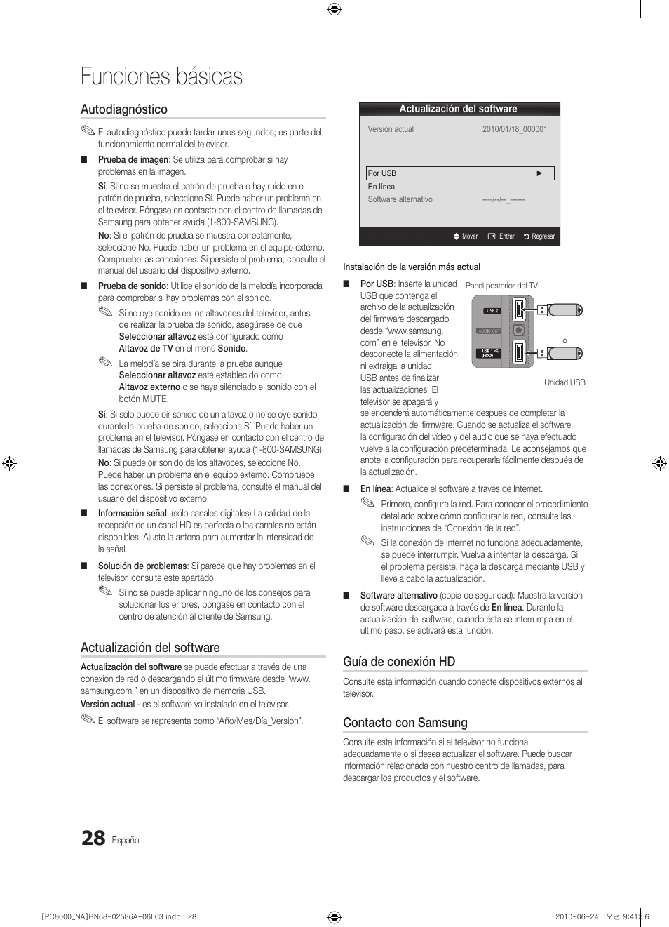 Funciones básicas, Autodiagnóstico, Actualización del software | Guía de conexión hd, Contacto con samsung | Samsung PN63C8000YFXZA User Manual | Page 94 / 198