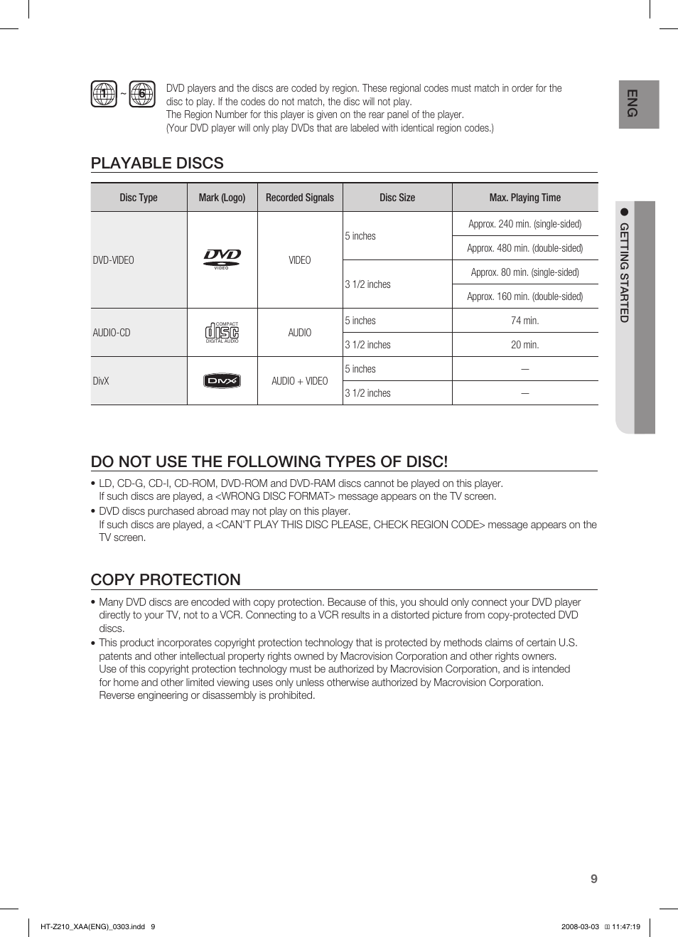 Playable discs, Do not use the following types of disc, Copy protection | Samsung HT-Z210T-XAA User Manual | Page 10 / 63