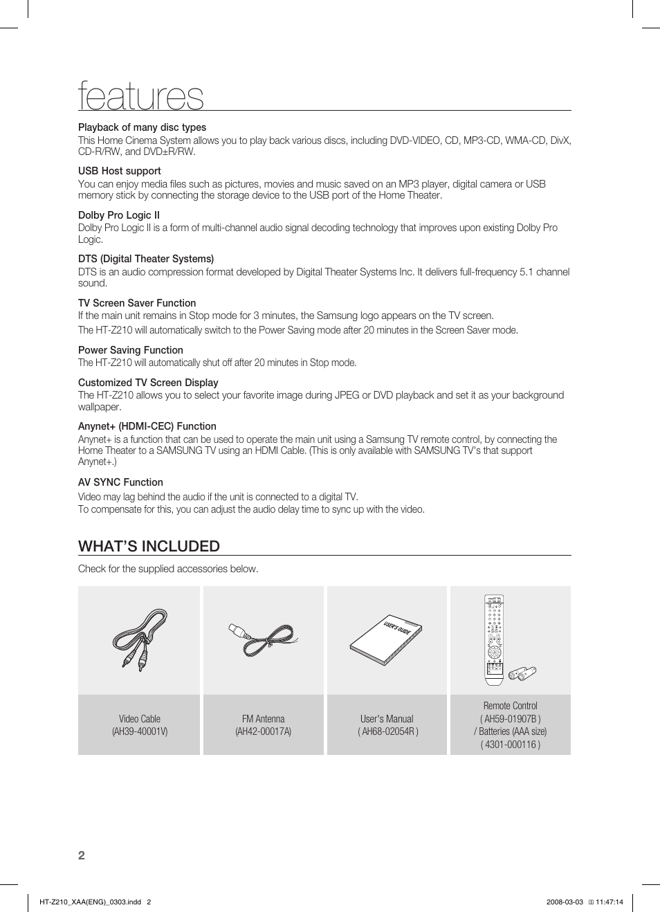 Features, What’s included | Samsung HT-Z210T-XAA User Manual | Page 3 / 63