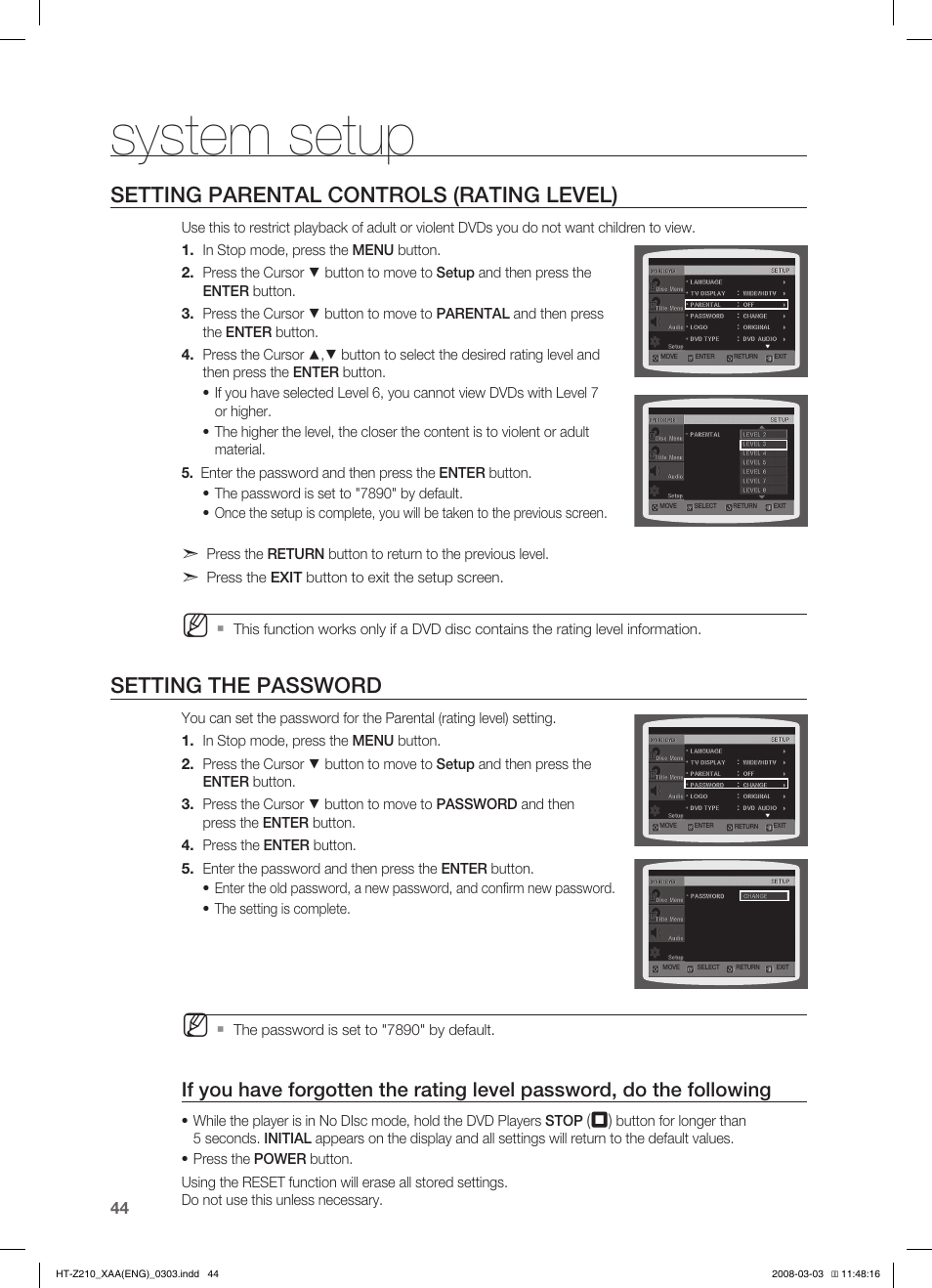 System setup, Setting parental controls (rating level), Setting the password | Samsung HT-Z210T-XAA User Manual | Page 45 / 63