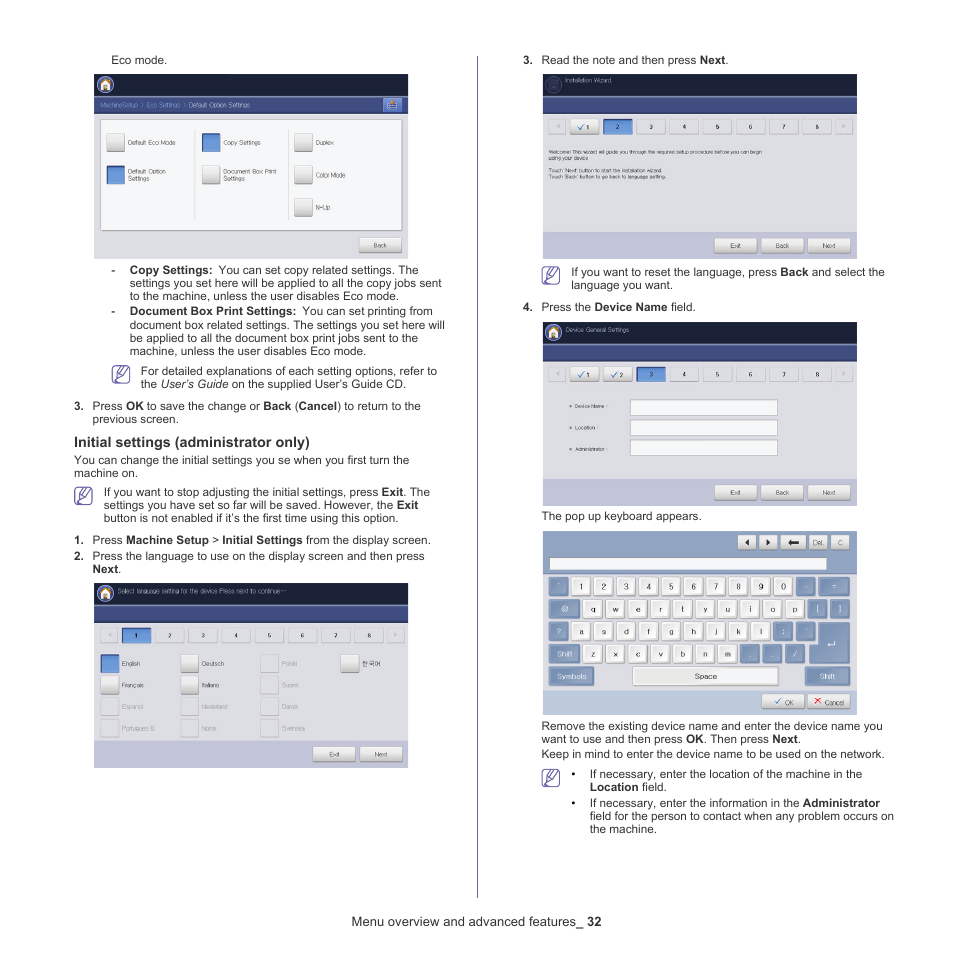 See "initial settings (administrator, Initial settings, Initial settings (administrator only) | Samsung CLX-9250ND-XAA User Manual | Page 32 / 129