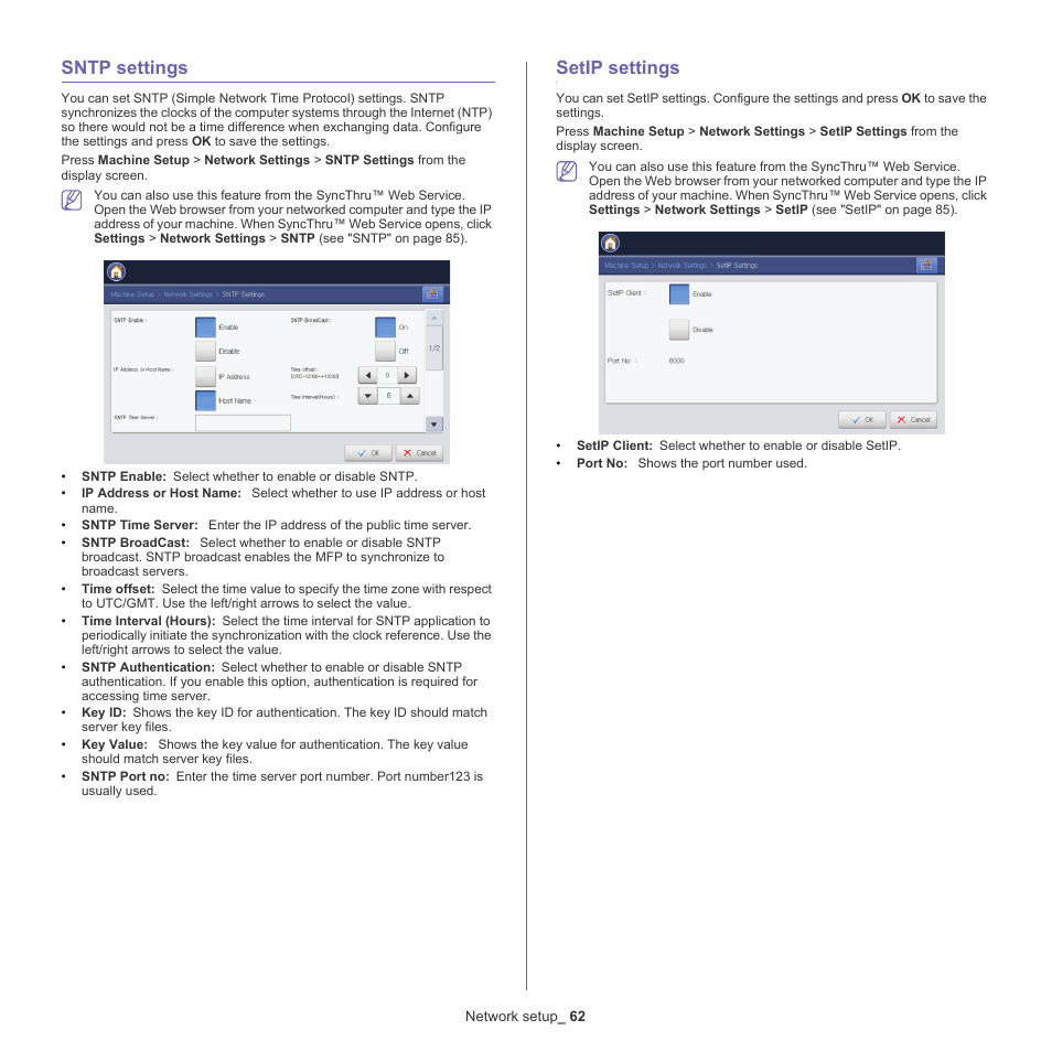 Sntp settings, Setip settings, Settings (see "sntp settings | Ngs (see "setip settings | Samsung CLX-9250ND-XAA User Manual | Page 62 / 129