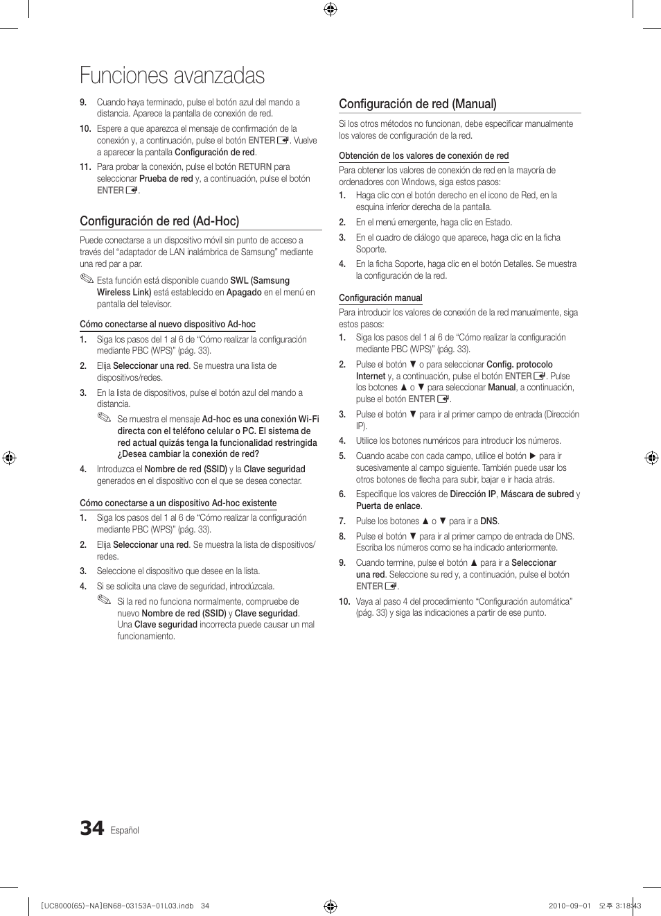 Funciones avanzadas, Configuración de red (ad-hoc), Configuración de red (manual) | Samsung UN65C8000XFXZA User Manual | Page 100 / 199