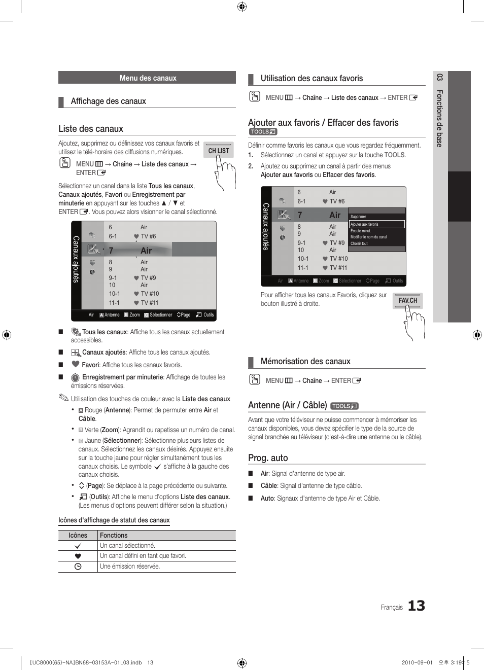 Liste des canaux, Ajouter aux favoris / effacer des favoris, Antenne (air / câble) | Prog. auto | Samsung UN65C8000XFXZA User Manual | Page 145 / 199
