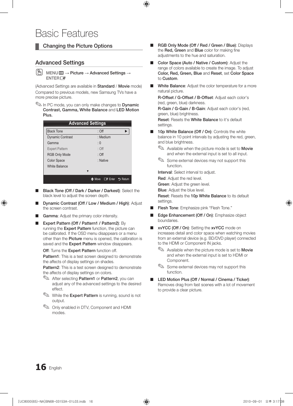 Basic features, Advanced settings | Samsung UN65C8000XFXZA User Manual | Page 16 / 199