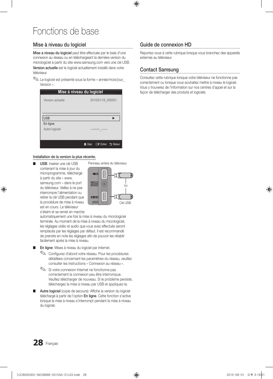 Fonctions de base, Mise à niveau du logiciel, Guide de connexion hd | Contact samsung | Samsung UN65C8000XFXZA User Manual | Page 160 / 199
