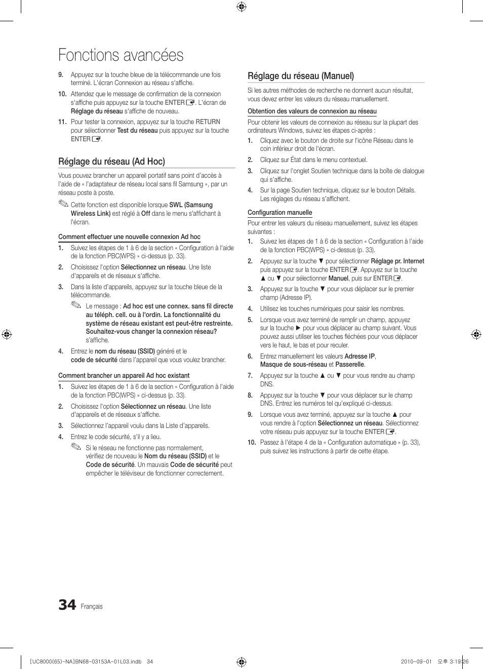 Fonctions avancées, Réglage du réseau (ad hoc), Réglage du réseau (manuel) | Samsung UN65C8000XFXZA User Manual | Page 166 / 199