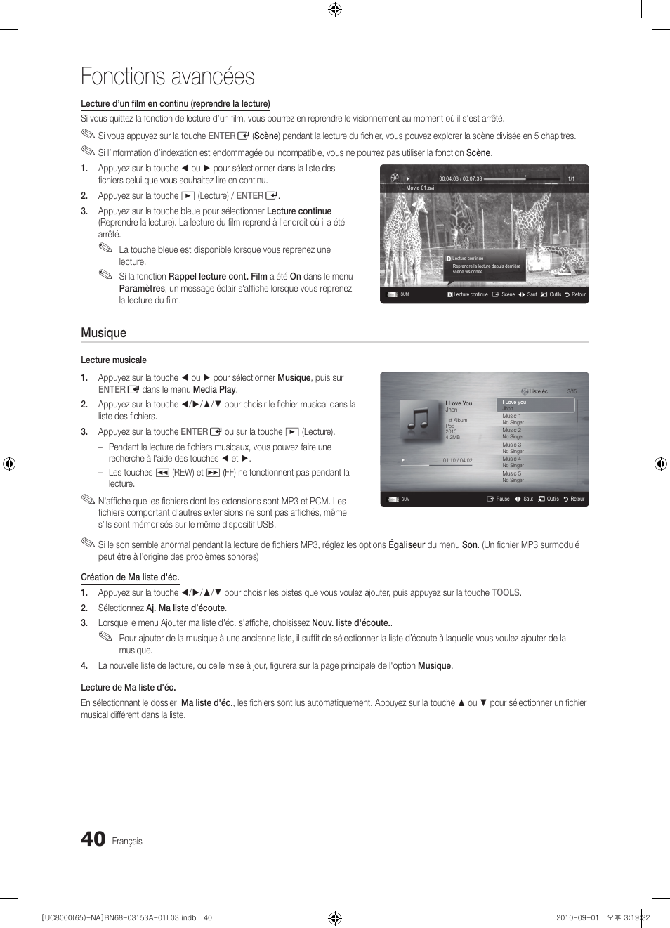 Fonctions avancées, Musique | Samsung UN65C8000XFXZA User Manual | Page 172 / 199