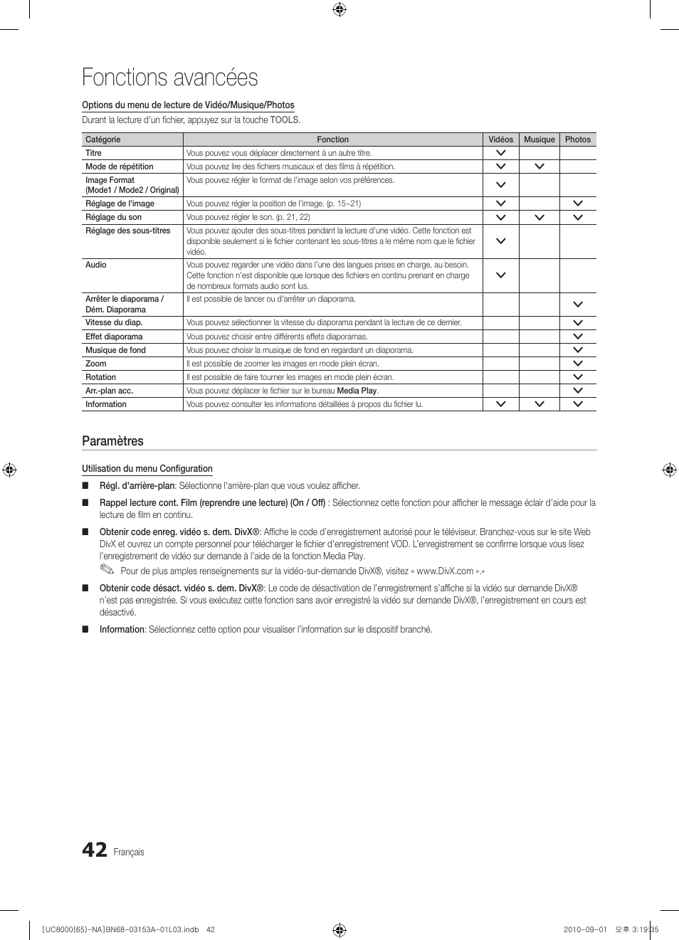 Fonctions avancées, Paramètres | Samsung UN65C8000XFXZA User Manual | Page 174 / 199