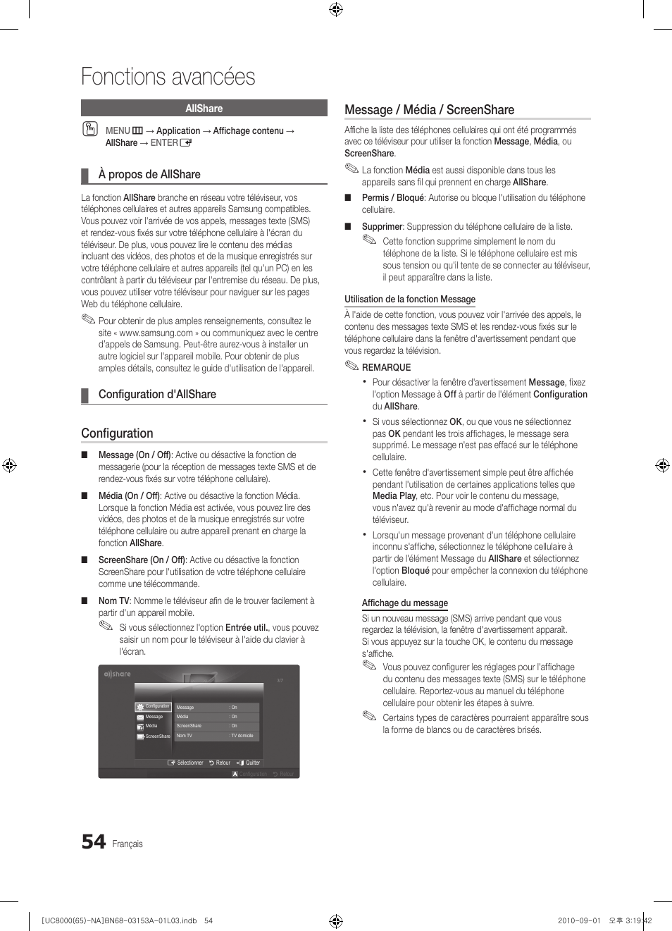 Fonctions avancées, Configuration, Message / média / screenshare | Samsung UN65C8000XFXZA User Manual | Page 186 / 199