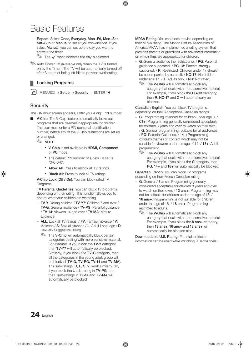 Basic features | Samsung UN65C8000XFXZA User Manual | Page 24 / 199