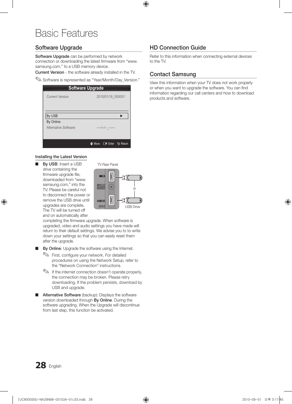 Basic features, Software upgrade, Hd connection guide | Contact samsung | Samsung UN65C8000XFXZA User Manual | Page 28 / 199
