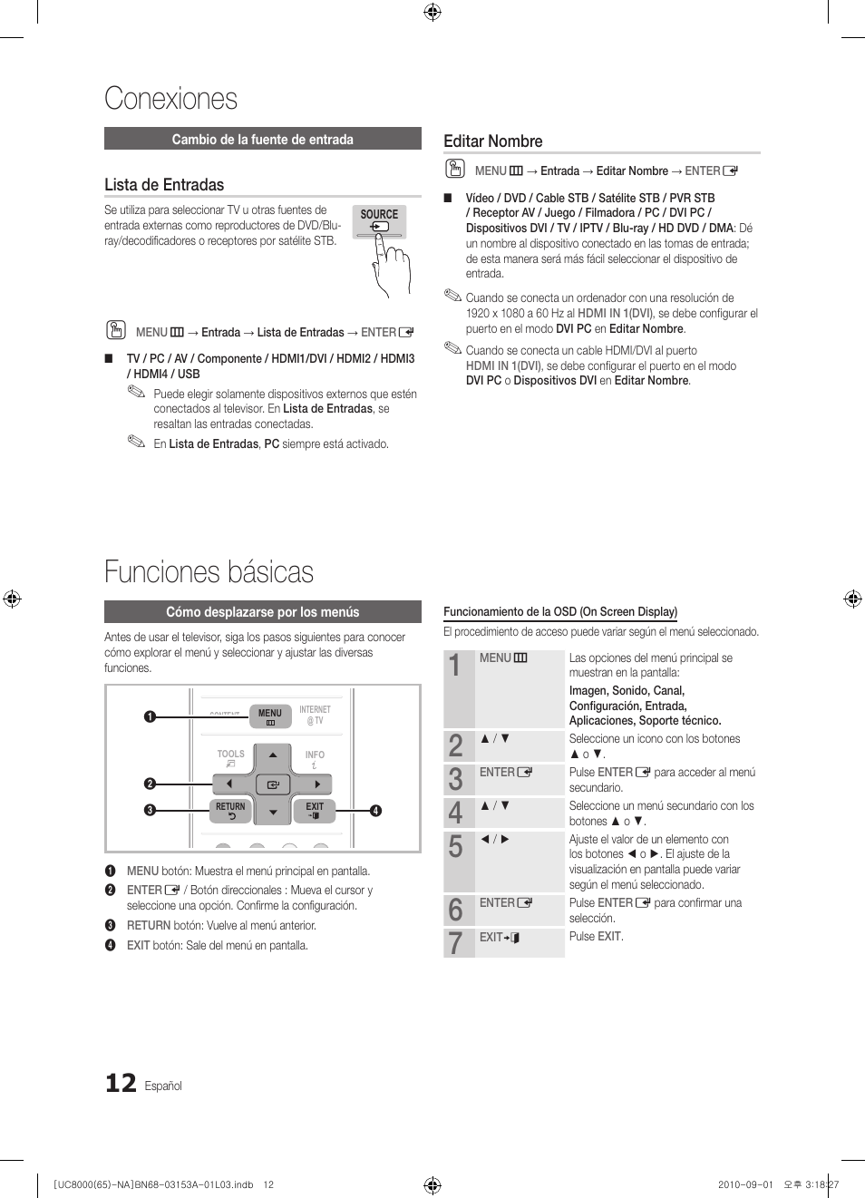 Conexiones, Funciones básicas, Lista de entradas | Editar nombre | Samsung UN65C8000XFXZA User Manual | Page 78 / 199
