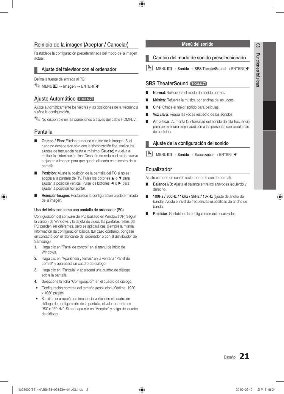 Reinicio de la imagen (aceptar / cancelar), Ajuste automático, Pantalla | Srs theatersound, Ecualizador | Samsung UN65C8000XFXZA User Manual | Page 87 / 199