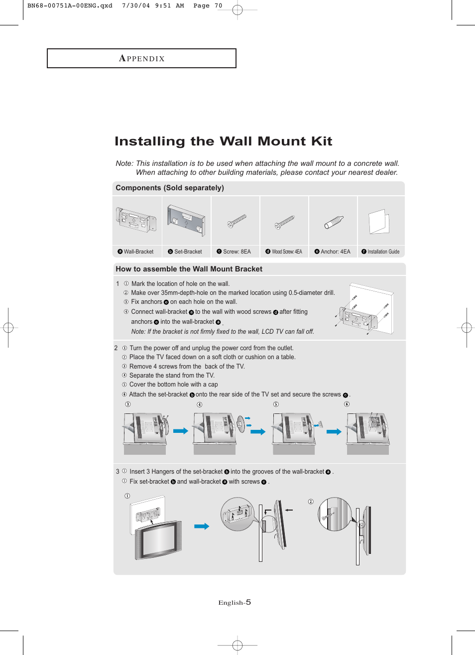 Installing the wall mount kit | Samsung LNP267WX-XAA User Manual | Page 5 / 6
