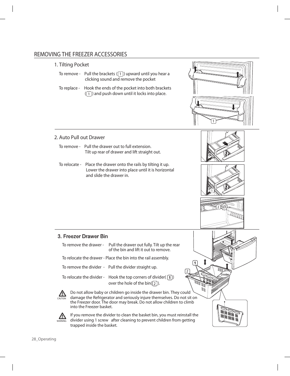 Removing the freezer accessories, Tilting pocket, Auto pull out drawer | Samsung RF263AERS-XAA User Manual | Page 28 / 80