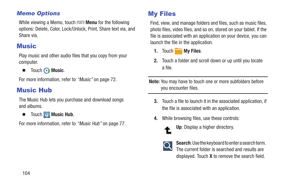 Music, Music hub, My files | Music music hub my files | Samsung SM-T217AZKAATT User Manual | Page 110 / 158