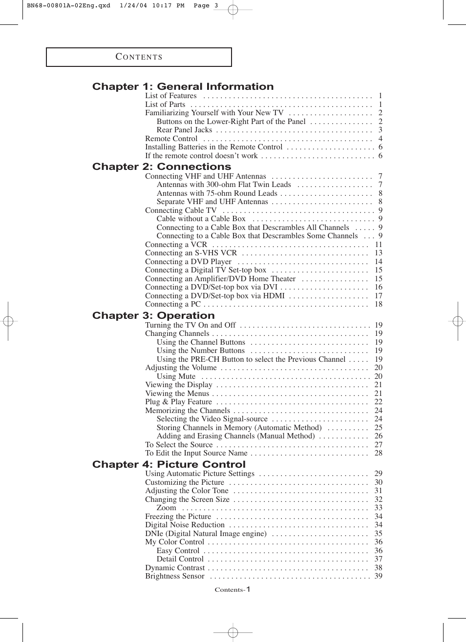 Chapter 1: general information, Chapter 2: connections, Chapter 3: operation | Chapter 4: picture control | Samsung LNR238WX-XAA User Manual | Page 4 / 88
