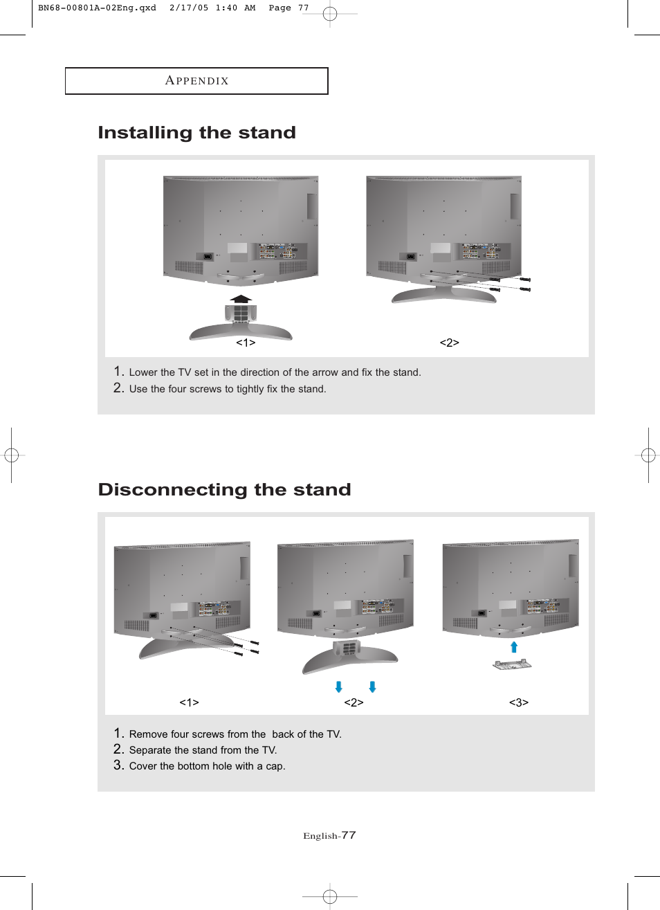 Appendix, Installing the stand, Disconnecting the stand | Installing the stand disconnecting the stand | Samsung LNR238WX-XAA User Manual | Page 82 / 88