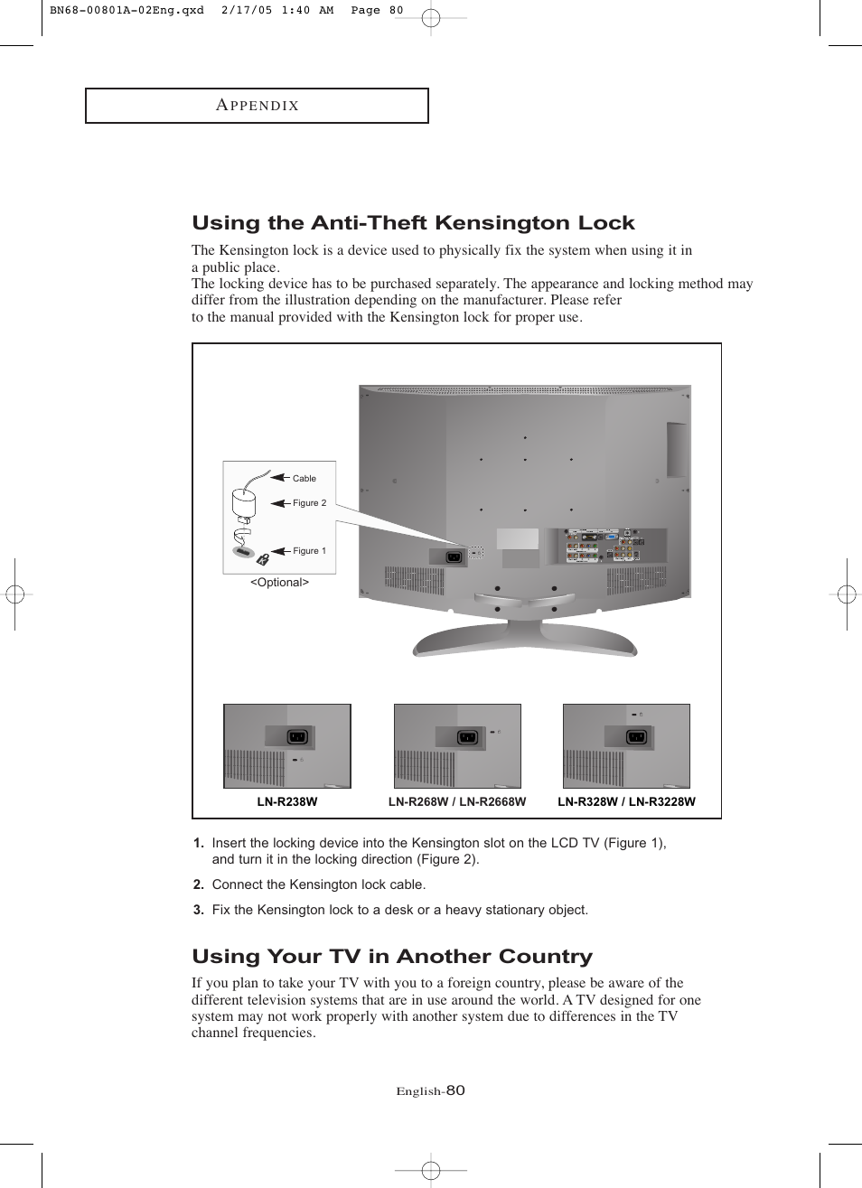 Using the anti-theft kensington lock, Using your tv in another country | Samsung LNR238WX-XAA User Manual | Page 85 / 88