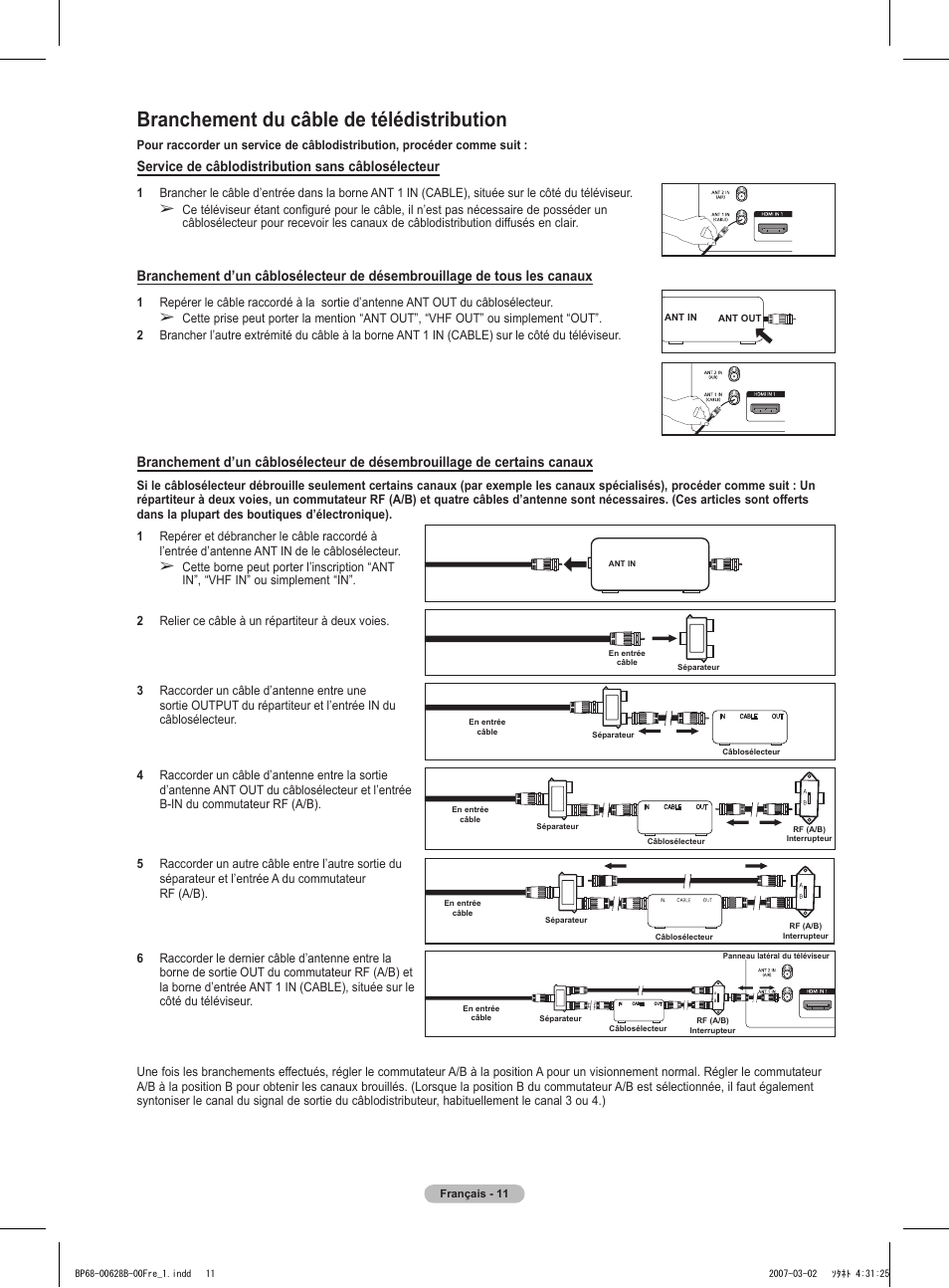 Branchement du câble de télédistribution | Samsung HLT6189SAX-XAA User Manual | Page 105 / 271