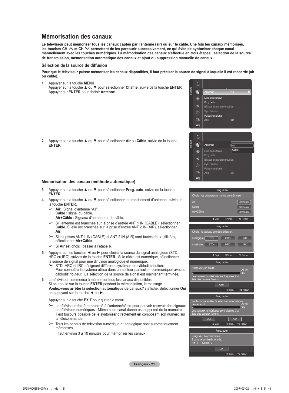 Mémorisation des canaux, Sélection de la source de diffusion, Mémorisation des canaux (méthode automatique) | Samsung HLT6189SAX-XAA User Manual | Page 115 / 271