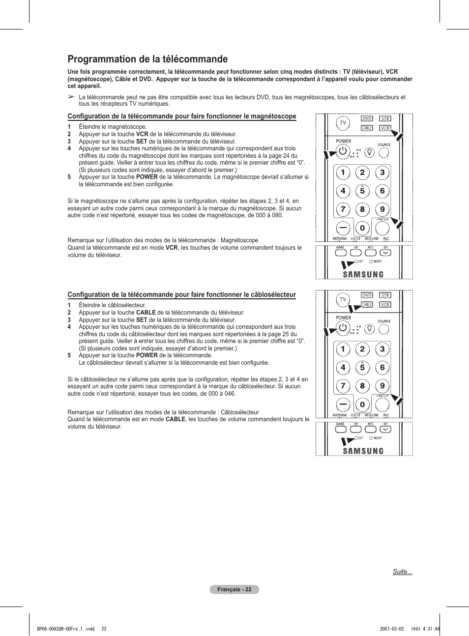 Programmation de la télécommande | Samsung HLT6189SAX-XAA User Manual | Page 116 / 271
