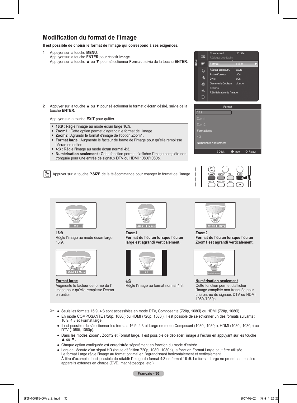Modification du format de l’image | Samsung HLT6189SAX-XAA User Manual | Page 124 / 271