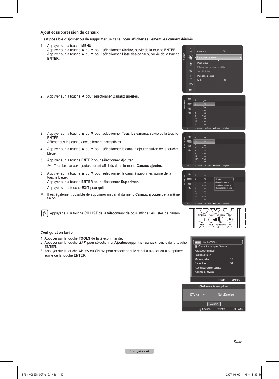 Ajout et suppression de canaux, Suite, Français - 42 | Samsung HLT6189SAX-XAA User Manual | Page 136 / 271