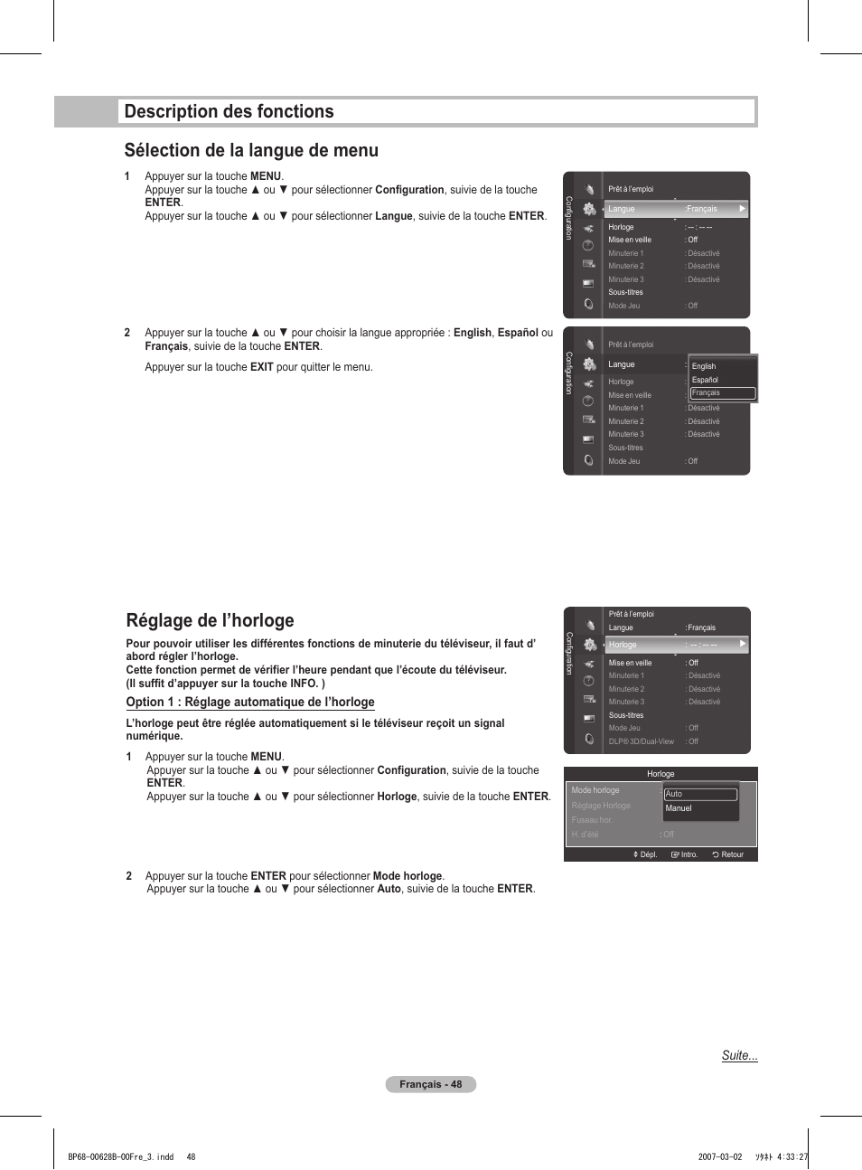 Réglage de l’horloge, Suite, Option 1 : réglage automatique de l’horloge | Samsung HLT6189SAX-XAA User Manual | Page 142 / 271