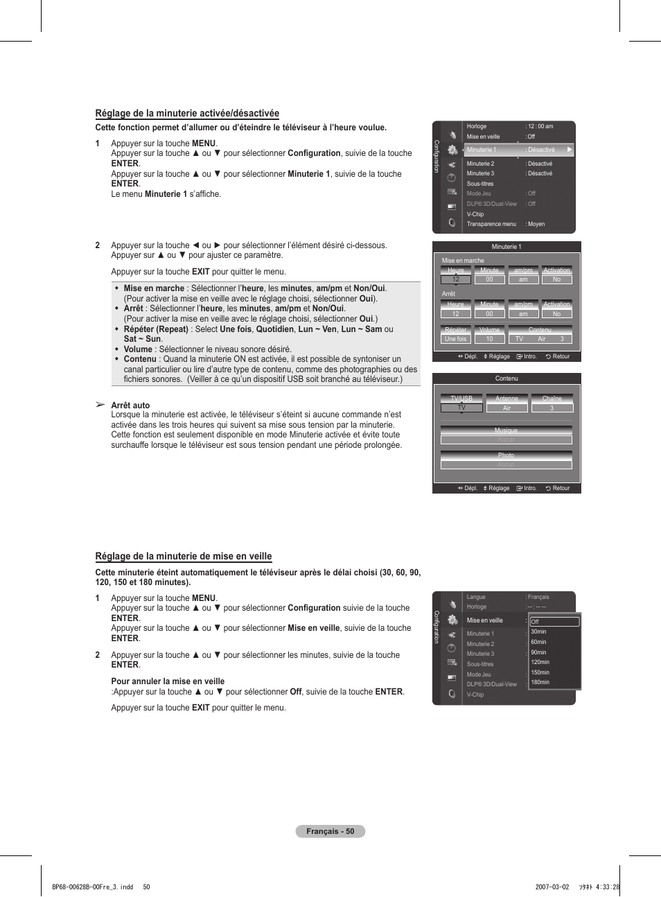 Réglage de la minuterie activée/désactivée, Réglage de la minuterie de mise en veille | Samsung HLT6189SAX-XAA User Manual | Page 144 / 271
