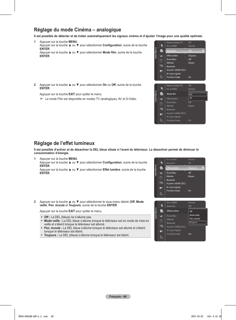 Réglage du mode cinéma – analogique, Réglage de l’effet lumineux | Samsung HLT6189SAX-XAA User Manual | Page 154 / 271