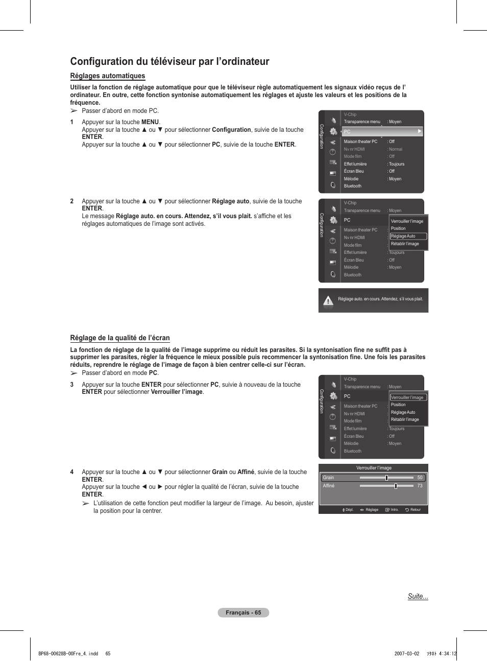 Configuration du téléviseur par l’ordinateur, Réglages automatiques, Réglage de la qualité de l’écran | Suite | Samsung HLT6189SAX-XAA User Manual | Page 159 / 271