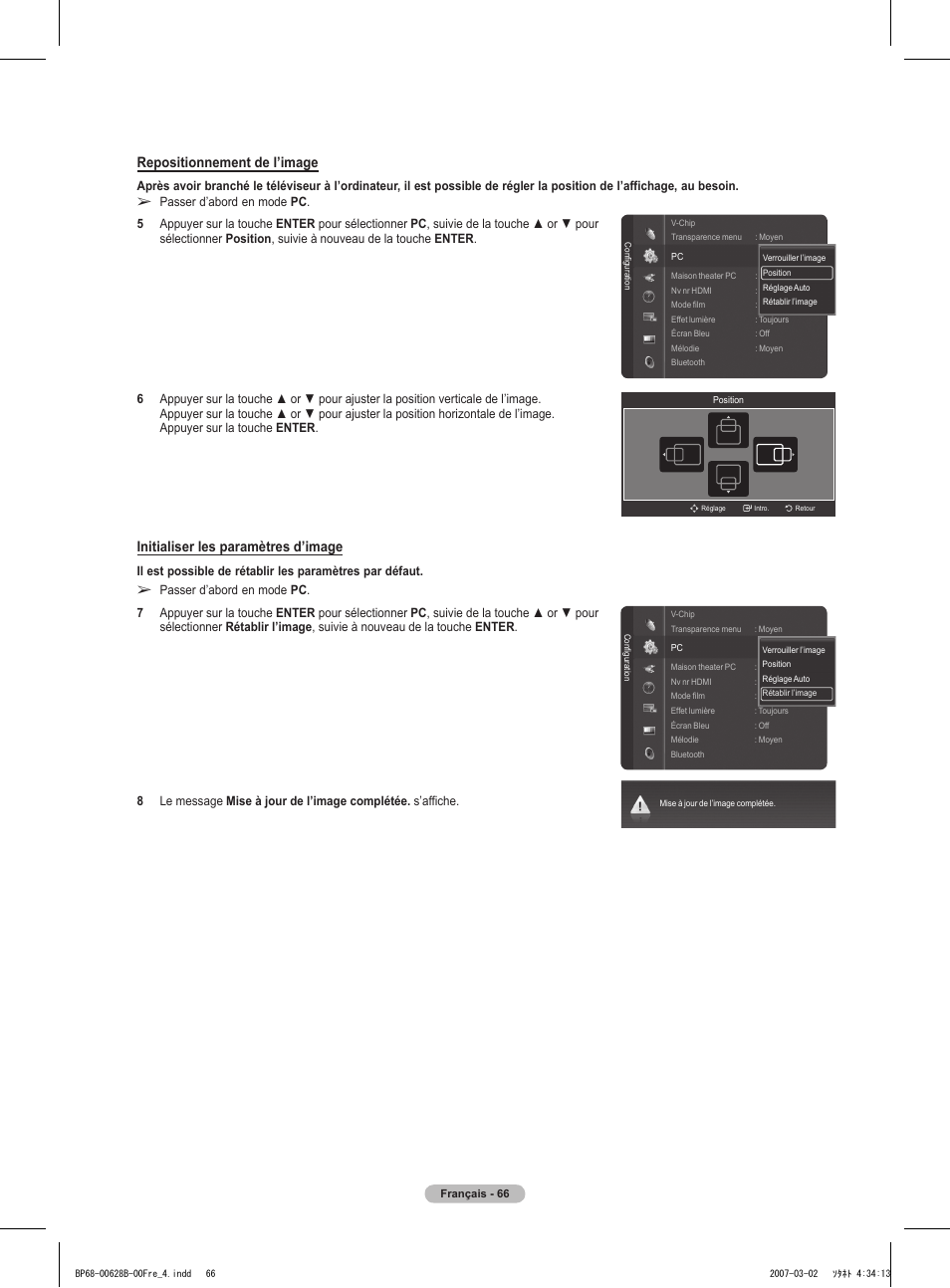 Repositionnement de l’image, Initialiser les paramètres d’image | Samsung HLT6189SAX-XAA User Manual | Page 160 / 271