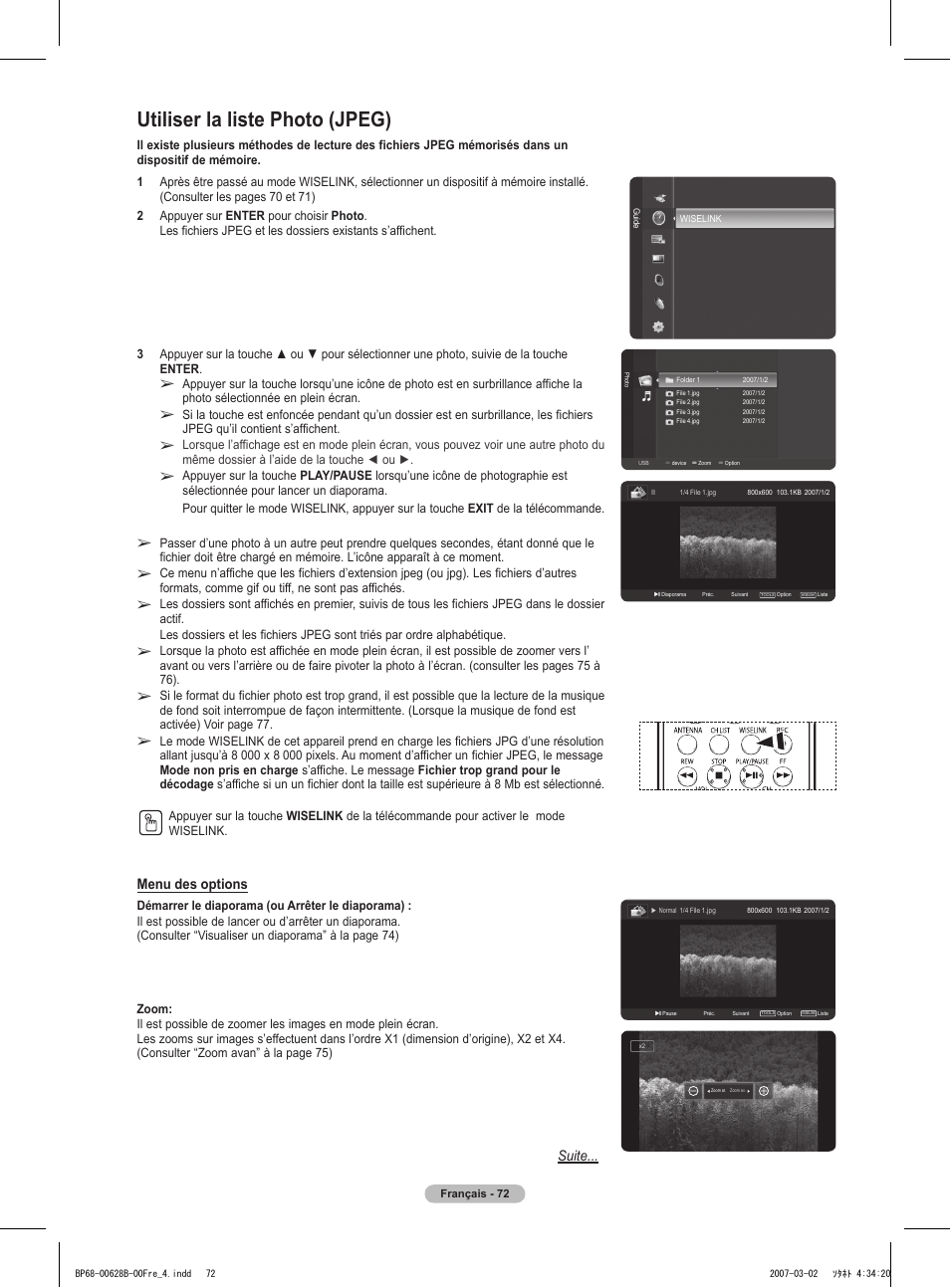 Utiliser la liste photo (jpeg), Menu des options, Suite | Samsung HLT6189SAX-XAA User Manual | Page 166 / 271