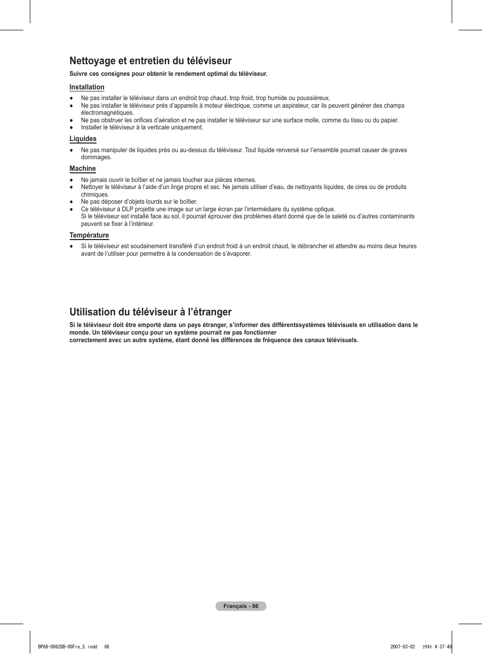 Nettoyage et entretien du téléviseur, Utilisation du téléviseur à l’étranger | Samsung HLT6189SAX-XAA User Manual | Page 180 / 271