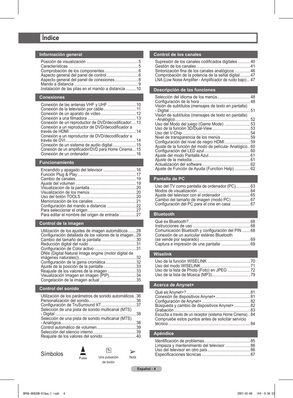 Índice, Símbolos | Samsung HLT6189SAX-XAA User Manual | Page 186 / 271