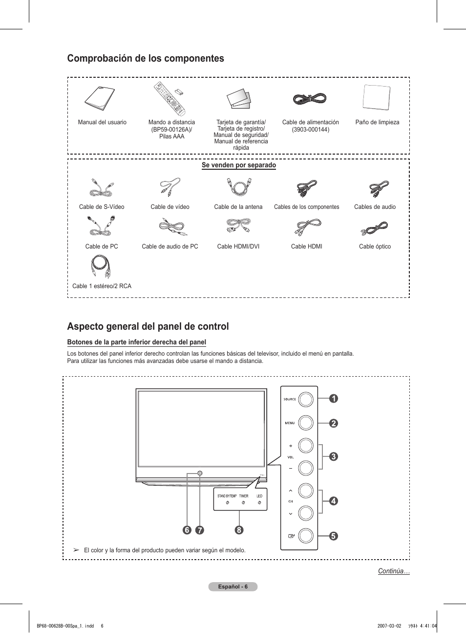 Aspecto general del panel de control, Comprobación de los componentes | Samsung HLT6189SAX-XAA User Manual | Page 188 / 271