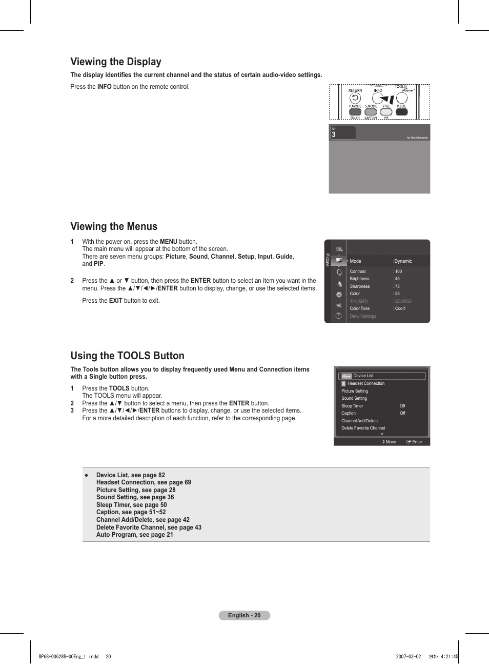 Viewing the display, Viewing the menus, Using the tools button | Samsung HLT6189SAX-XAA User Manual | Page 20 / 271