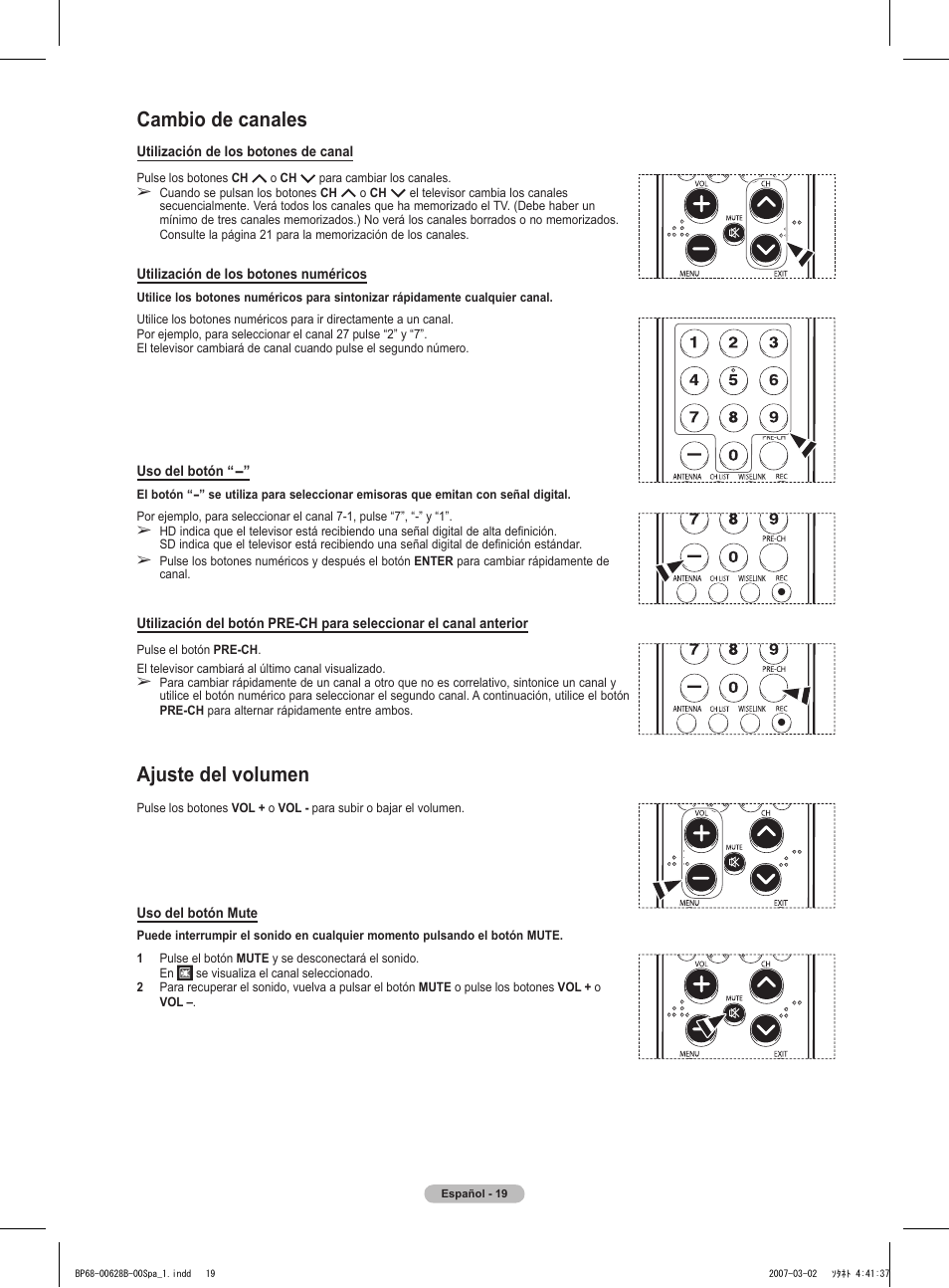 Cambio de canales, Ajuste del volumen | Samsung HLT6189SAX-XAA User Manual | Page 201 / 271