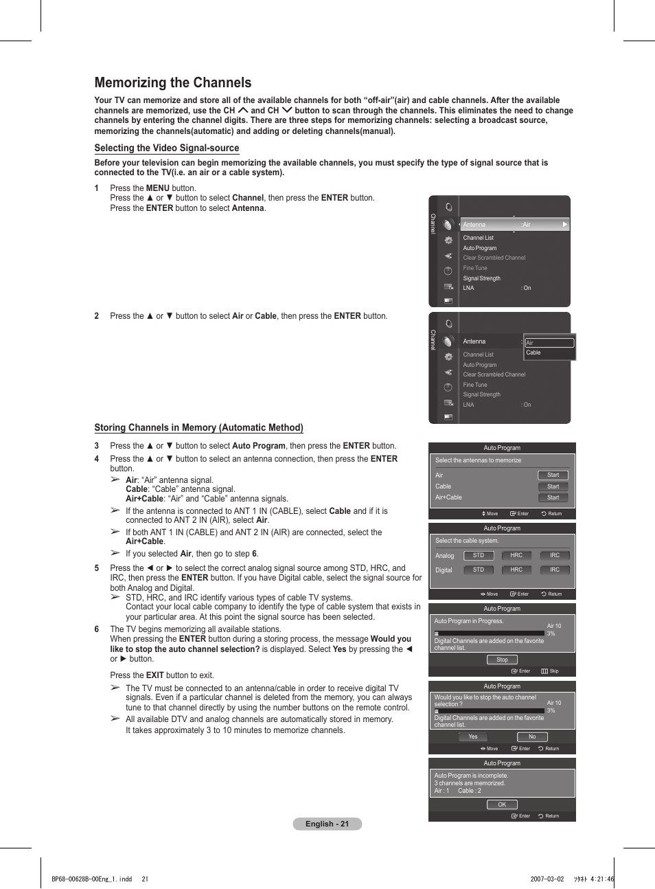 Memorizing the channels, Selecting the video signal-source | Samsung HLT6189SAX-XAA User Manual | Page 21 / 271