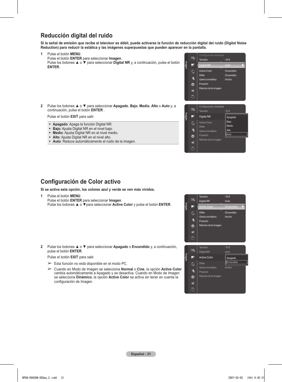 Reducción digital del ruido, Configuración de color activo | Samsung HLT6189SAX-XAA User Manual | Page 213 / 271