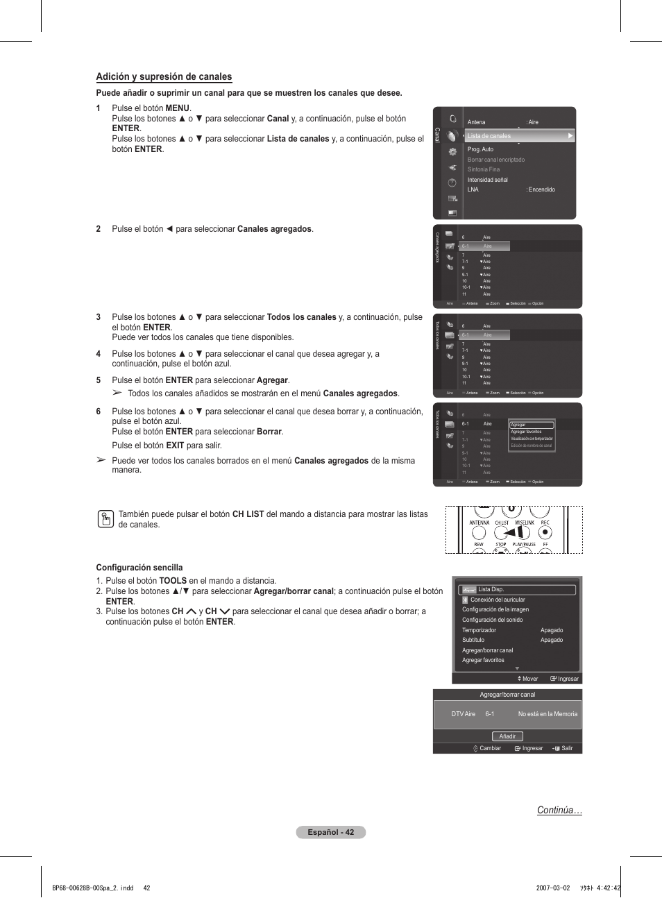 Adición y supresión de canales, Continúa, Español - 42 | Samsung HLT6189SAX-XAA User Manual | Page 224 / 271