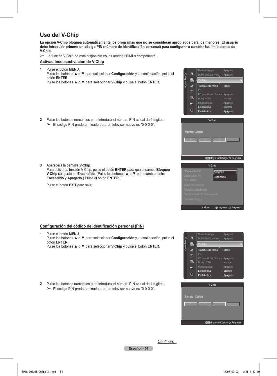 Uso del v-chip, Activación/desactivación de v-chip, Continúa | Samsung HLT6189SAX-XAA User Manual | Page 236 / 271